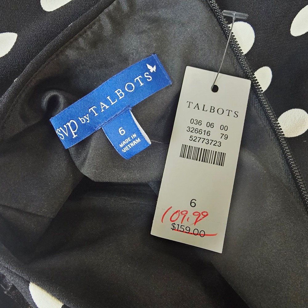 Talbots Black White Polka Dot Sleeveless Floral Embroidered Dress Size 6 - Picture 8 of 9
